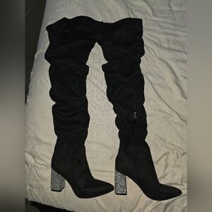 Elegant Black Over-the-Knee Boots with Silver Heels